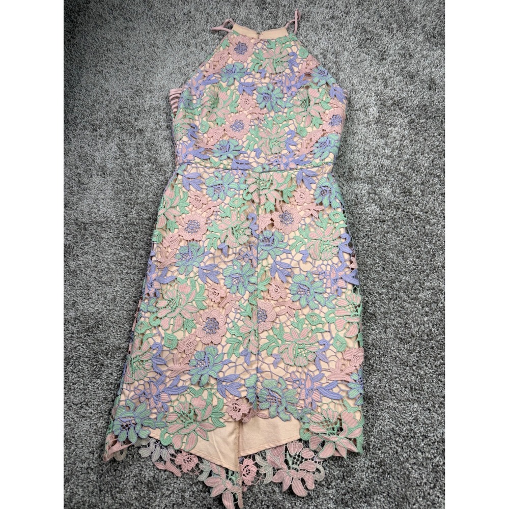 Gianni Bini Floral Lace Halter Dress Small Pink Green Lavender Strappy Side Mini